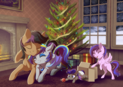 Size: 900x638 | Tagged: safe, artist:dvixie, deleted from derpibooru, imported from derpibooru, stellar eclipse, oc, oc:midnight eclipse, oc:night lark, bat pony, pegasus, pony, baby, baby pony, box, christmas tree, colt, commission, cute, diaper, eyes closed, female, filly, male, mare, offspring, open mouth, ornament, parent:oc:night lark, parent:stellar eclipse, parents:canon x oc, parents:stellarnight, prone, stallion, stellarnight, tree