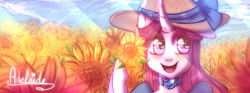 Size: 900x335 | Tagged: safe, artist:melodybell, imported from derpibooru, oc, oc only, oc:adelaide, pony, choker, crepuscular rays, hat, smiling, solo, sunflower