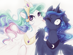 Size: 1280x960 | Tagged: safe, artist:sugarberry, imported from derpibooru, princess celestia, princess luna, alicorn, pony, cute, cutelestia, duo, duo female, eye clipping through hair, female, floppy ears, licking, mare, one eye closed, royal sisters, shrunken pupils, sillestia, silly, silly pony, sisters, smiling, spread wings, surprised, tongue out, wide eyes, wing fluff