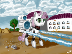 Size: 4000x3000 | Tagged: safe, artist:mrfays, imported from derpibooru, sweetie belle, pony, robot, robot pony, unicorn, absurd resolution, bridge, building, energy weapon, female, filly, foal, hooves, horn, laser, pebbles, rock, scenery, shooting, signature, smiling, solo, sweetie bot, teeth, traditional art, tree, weapon