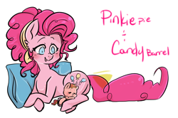 Size: 1256x833 | Tagged: safe, artist:missyandi, imported from derpibooru, pinkie pie, oc, oc:candy barrel, cute, duo, foal, mother and son, next generation, offspring, parent:cheese sandwich, parent:pinkie pie, parents:cheesepie, pillow, sleeping