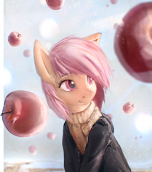 Size: 814x921 | Tagged: safe, artist:exeini, imported from derpibooru, oc, oc only, apple, clothes, coat, food, head turn, looking away, scarf, smiling, snow, snowfall, solo, turned head, winter