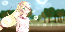Size: 1366x685 | Tagged: safe, artist:161141, imported from derpibooru, applejack, human, beautiful, blushing, bubble, clothes, cute, female, flower, flower in hair, hatless, humanized, missing accessory, shirt, solo