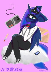 Size: 1024x1448 | Tagged: safe, artist:itzdatag0ndray, imported from derpibooru, princess luna, android, anthro, cheese, clothes, cloud, distressed, ear fluff, female, food, grilled cheese, long mane, nike, nintendo, nintendo entertainment system, pink background, simple background, solo, text, torn clothes