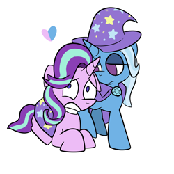 Size: 1280x1280 | Tagged: dead source, safe, artist:stardustspirals, imported from derpibooru, starlight glimmer, trixie, pony, unicorn, comforting, empty eyes, female, floppy ears, heart, lesbian, lidded eyes, mare, no catchlights, no pupils, prone, scared, shipping, simple background, startrix, trixie's cape, trixie's hat, white background
