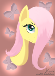 Size: 800x1100 | Tagged: safe, artist:aaron1122, imported from derpibooru, fluttershy, butterfly, pony, bust, female, hair over one eye, looking at you, portrait, solo