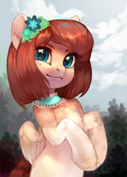 Size: 2500x3500 | Tagged: safe, artist:share dast, imported from derpibooru, oc, oc only, oc:tea flower, pegasus, pony, bust, chest fluff, choker, commission, cute, female, flower, flower in hair, freckles, hairband, heart eyes, jewelry, looking at you, mare, portrait, rearing, scenery, semi-realistic, solo, unshorn fetlocks, wingding eyes