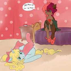 Size: 3000x3000 | Tagged: safe, artist:rosewend, imported from derpibooru, oc, oc only, oc:ruef, oc:sophie, annoyed, bedroom, bff, blond tail, blonde mane, blue coat, brown coat, bunny slippers, clothes, multicolored hair, sitting, slippers, speech bubble, stockings