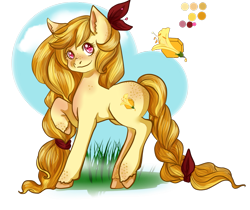 Size: 1105x930 | Tagged: safe, artist:rosewend, imported from derpibooru, oc, oc only, oc:honey speckle, pony, blonde mane, blonde tail, earth horse, flower theme, reference sheet, solo, yellow coat, yellow mane, yellow tail
