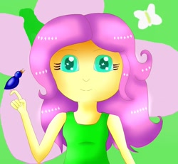 Size: 1842x1700 | Tagged: dead source, safe, artist:marydibujando, imported from derpibooru, fluttershy, bird, human, colored pupils, female, humanized, looking at you, smiling, solo