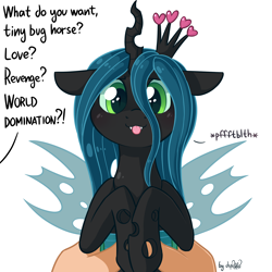 Size: 1920x1920 | Tagged: safe, artist:dsp2003, imported from derpibooru, queen chrysalis, changeling, changeling queen, human, pony, alternate universe, blushing, cute, cutealis, dsp2003 is trying to murder us, female, floppy ears, holding a pony, implied fluffle puff, offscreen character, onomatopoeia, raspberry, raspberry noise, silly, style emulation, tiny ponies, tongue out, what do you want