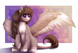 Size: 1024x698 | Tagged: safe, artist:peachmayflower, imported from derpibooru, oc, oc only, pegasus, pony, art trade, blue eyes, cute, freckles, large wings, ocbetes, smiling, solo, spread wings, wings