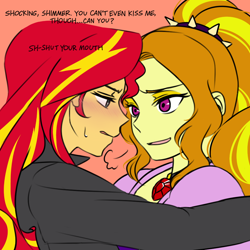 Size: 1000x1000 | Tagged: safe, artist:raika0306, imported from derpibooru, adagio dazzle, sunset shimmer, equestria girls, rainbow rocks, blushing, dialogue, female, gem, imminent kissing, lesbian, shipping, siren gem, sunsagio