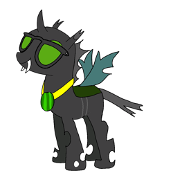 Size: 1000x1000 | Tagged: safe, artist:toyminator900, imported from derpibooru, oc, oc only, oc:éling chang, changeling, 2017 community collab, derpibooru community collaboration, changeling loves watermelon, changeling oc, food, glasses, green changeling, medallion, simple background, solo, transparent background, watermelon