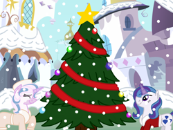 Size: 2048x1536 | Tagged: safe, artist:kindheart525, imported from derpibooru, oc, oc only, oc:primrose, oc:radiant jewel, kindverse, canterlot, christmas ornament, christmas tree, decoration, levitation, magic, offspring, parent:fancypants, parent:fleur-de-lis, parent:rarity, parents:fancyfleur, parents:raripants, smiling, snow, snowfall, telekinesis, tree, winter outfit