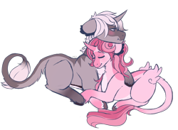 Size: 1500x1100 | Tagged: safe, artist:cinnamonsparx, imported from derpibooru, oc, oc only, classical unicorn, pony, unicorn, blushing, cloven hooves, eyes closed, female, leonine tail, male, mare, prone, simple background, stallion, transparent background, unshorn fetlocks, wildling unicorn