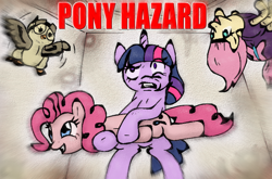 Size: 770x508 | Tagged: safe, artist:ioncorupterx, deleted from derpibooru, imported from derpibooru, fluttershy, owlowiscious, pinkie pie, twilight sparkle, pony, behaving like a weapon, holding a pony, parody, resident evil