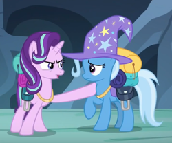 Size: 508x422 | Tagged: safe, imported from derpibooru, screencap, starlight glimmer, trixie, pony, to where and back again, cropped, saddle bag, trixie's hat