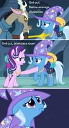 Size: 504x924 | Tagged: safe, edit, edited screencap, imported from derpibooru, screencap, discord, starlight glimmer, trixie, pony, unicorn, magic duel, to where and back again, angry, clothes, comic, female, frown, image macro, mare, meme, pouting, saddle bag, scarf, screencap comic, trixiebuse, unamused