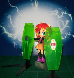 Size: 850x897 | Tagged: safe, imported from derpibooru, sunset shimmer, equestria girls, beam shield, clothes, doll, equestria girls minis, eqventures of the minis, irl, photo, shield, skirt, solo, toy