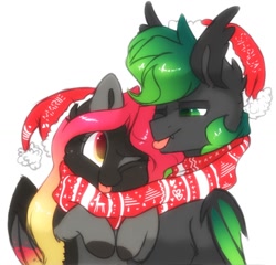 Size: 1472x1411 | Tagged: safe, artist:hiccupsdoesart, deleted from derpibooru, imported from derpibooru, oc, oc only, oc:marierg, oc:shaun, bat pony, pegasus, pony, christmas, clothes, one eye closed, ponysona, scarf, shared clothing, shared scarf