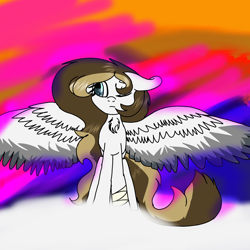 Size: 2000x2000 | Tagged: safe, artist:brokensilence, imported from derpibooru, oc, oc only, oc:mira songheart, bandage, clothes, cloud, large wings, long mane, one eye closed, ponysona, solo, sunset, wings