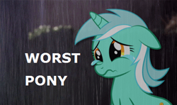 Size: 462x274 | Tagged: safe, imported from derpibooru, lyra heartstrings, pony, unicorn, abuse, background pony strikes again, crying, female, image macro, lyrabuse, meme, op is a duck, op is trying to start shit, sad, solo, worst pony