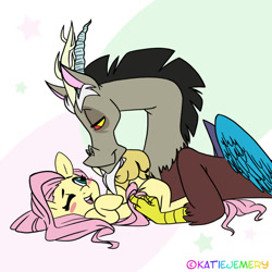 Size: 1280x1280 | Tagged: dead source, safe, artist:sugarskulldragon, imported from derpibooru, discord, fluttershy, bedroom eyes, blushing, cute, discoshy, discute, eye contact, looking at each other, male, on back, shipping, shyabetes, straight