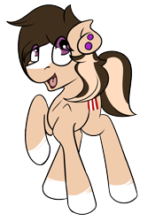 Size: 1052x1500 | Tagged: safe, artist:beardie, imported from derpibooru, oc, oc only, oc:buttercream scotch, earth pony, pony, 2017 community collab, derpibooru community collaboration, blaze (coat marking), coat markings, ear piercing, facial markings, looking up, open mouth, piercing, raised hoof, simple background, smiling, solo, transparent background