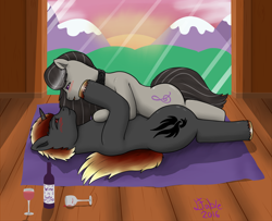 Size: 2400x1950 | Tagged: safe, artist:lazyfable, imported from derpibooru, octavia melody, oc, alcohol, canon x oc, cuddling, shipping, snuggling, sunset, wine
