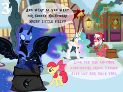 Size: 1024x768 | Tagged: safe, artist:bronybyexception, imported from derpibooru, apple bloom, big macintosh, nightmare moon, princess celestia, earth pony, pony, spider, ursa minor, advent calendar, christmas, clothes, confused, costume, hat, male, nightmare night, present, santa costume, santa hat, santa hooves, stallion, the nightmare before christmas