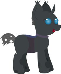 Size: 5248x6309 | Tagged: safe, artist:plone, imported from derpibooru, oc, oc only, oc:kala'loa, changeling, absurd resolution, changeling oc, collar, cuteling, fangs, female, horn, open mouth, purple changeling, simple background, smiling, solo, standing, transparent background, vector