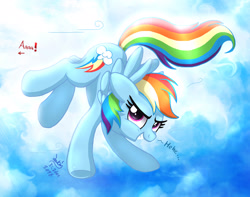 Size: 1900x1500 | Tagged: safe, artist:joakaha, imported from derpibooru, rainbow dash, cloud, female, flying, grin, implied twilight sparkle, offscreen character, smiling, solo