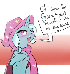 Size: 715x750 | Tagged: safe, artist:jar, artist:justasrequested, imported from derpibooru, trixie, pony, unicorn, bipedal, blushing, cape, clothes, dialogue, female, gradient background, hat, looking at you, mare, open mouth, solo, speech bubble, trixie's cape, trixie's hat