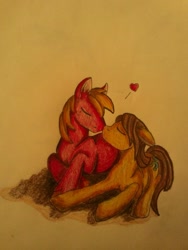 Size: 1024x1365 | Tagged: safe, artist:penkatshi, imported from derpibooru, big macintosh, caramel, earth pony, pony, caramac, gay, kissing, male, shipping, stallion, traditional art