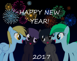 Size: 1024x814 | Tagged: safe, artist:derpyarthd, imported from derpibooru, oc, oc only, oc:darkbedrock, oc:darkobsidian, oc:feliciana, oc:krystaldash, 2017, happy new year, happy new year 2017