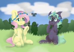 Size: 1024x731 | Tagged: safe, artist:barkerjewel, imported from derpibooru, fluttershy, oc, oc:fusha, bat pony, butterfly, pony, bat pony oc, duo, floral head wreath, flower, grass, insect on nose, looking at something, raised hoof, sitting