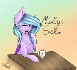 Size: 1470x1323 | Tagged: safe, artist:harmonyskish, imported from derpibooru, oc, oc only, oc:moonflare, pegasus, pony, cup, female, gradient background, mare, morning ponies, solo, table, yawn