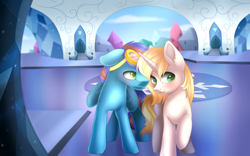 Size: 4200x2613 | Tagged: safe, artist:scarlet-spectrum, imported from derpibooru, oc, oc only, oc:aero, oc:ivy, pegasus, pony, unicorn, absurd resolution, commission, crystal empire, goggles, looking away, oc x oc, raised hoof, shipping, smiling