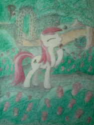 Size: 576x768 | Tagged: safe, artist:ponystarpony, imported from derpibooru, roseluck, pony, eyes closed, female, flower, hoof hold, rose, solo, traditional art, tree