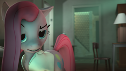 Size: 1920x1080 | Tagged: safe, artist:ferexes, imported from derpibooru, pinkie pie, pony, 3d, chair, clothes, female, lamp, open clothes, pinkamena diane pie, shirt, solo, unamused