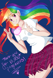 Size: 1024x1489 | Tagged: safe, artist:paris-the-platypus, imported from derpibooru, rainbow dash, human, clothes, cute, female, humanized, milestone, moe, plaid, pleated skirt, shirt, simple background, skirt, solo