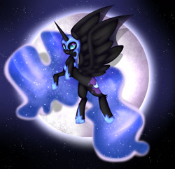 Size: 1423x1380 | Tagged: safe, artist:clefficia, imported from derpibooru, nightmare moon, alicorn, pony, ear fluff, female, flying, mare, moon, night, sky, solo, stars