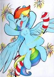 Size: 1700x2434 | Tagged: safe, artist:cutepencilcase, imported from derpibooru, rainbow dash, pony, chest fluff, female, fireworks, flying, impossibly large ears, open mouth, solo, traditional art