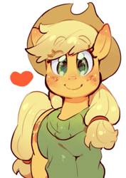 Size: 427x604 | Tagged: safe, artist:jirousan, imported from derpibooru, applejack, earth pony, pony, clothes, cute, eye clipping through hair, female, hat, heart, jackabetes, looking at you, mare, simple background, smiling, solo, sweater, white background