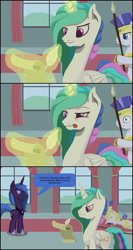 Size: 1280x2400 | Tagged: safe, artist:frenkieart, imported from derpibooru, princess celestia, princess luna, alicorn, comic, fart, fart joke, frown, magic, royal guard, s1 luna, science joke, scroll, solar wind, telekinesis, toilet humor, tongue out, trolluna, unconscious, x eyes