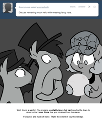 Size: 666x795 | Tagged: safe, artist:egophiliac, imported from derpibooru, princess luna, oc, oc:frolicsome meadowlark, oc:sunshine smiles (egophiliac), bat pony, pony, moonstuck, cartographer's gatsby cap, filly, grayscale, hat, lunar stone, monochrome, top hat, woona, younger