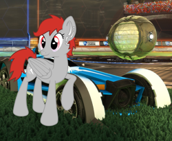 Size: 1200x986 | Tagged: safe, artist:novafusion, imported from derpibooru, screencap, oc, oc only, oc:avro, cyborg, pegasus, pony, ball, car, cutie mark, rocket league, screenshot background, single, smiling, vector, vehicle, video game