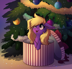 Size: 1160x1113 | Tagged: safe, artist:28gooddays, artist:badday, imported from derpibooru, oc, oc only, pony, box, christmas tree, cute, female, mare, pony in a box, present, solo, tree