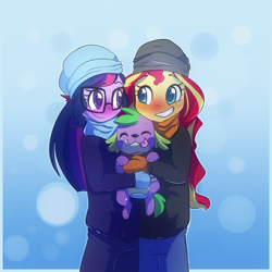 Size: 1000x1000 | Tagged: safe, artist:little-tweenframes, deleted from derpibooru, imported from derpibooru, sci-twi, spike, spike the regular dog, sunset shimmer, twilight sparkle, dog, series:sciset diary, equestria girls, blushing, clothes, coat, colored pupils, cute, female, lesbian, little-tweenframes is trying to murder us, lucky bastard, scarf, scitwishimmer, shimmerbetes, shipping, smiling, spikabetes, sunsetsparkle, trio, twiabetes